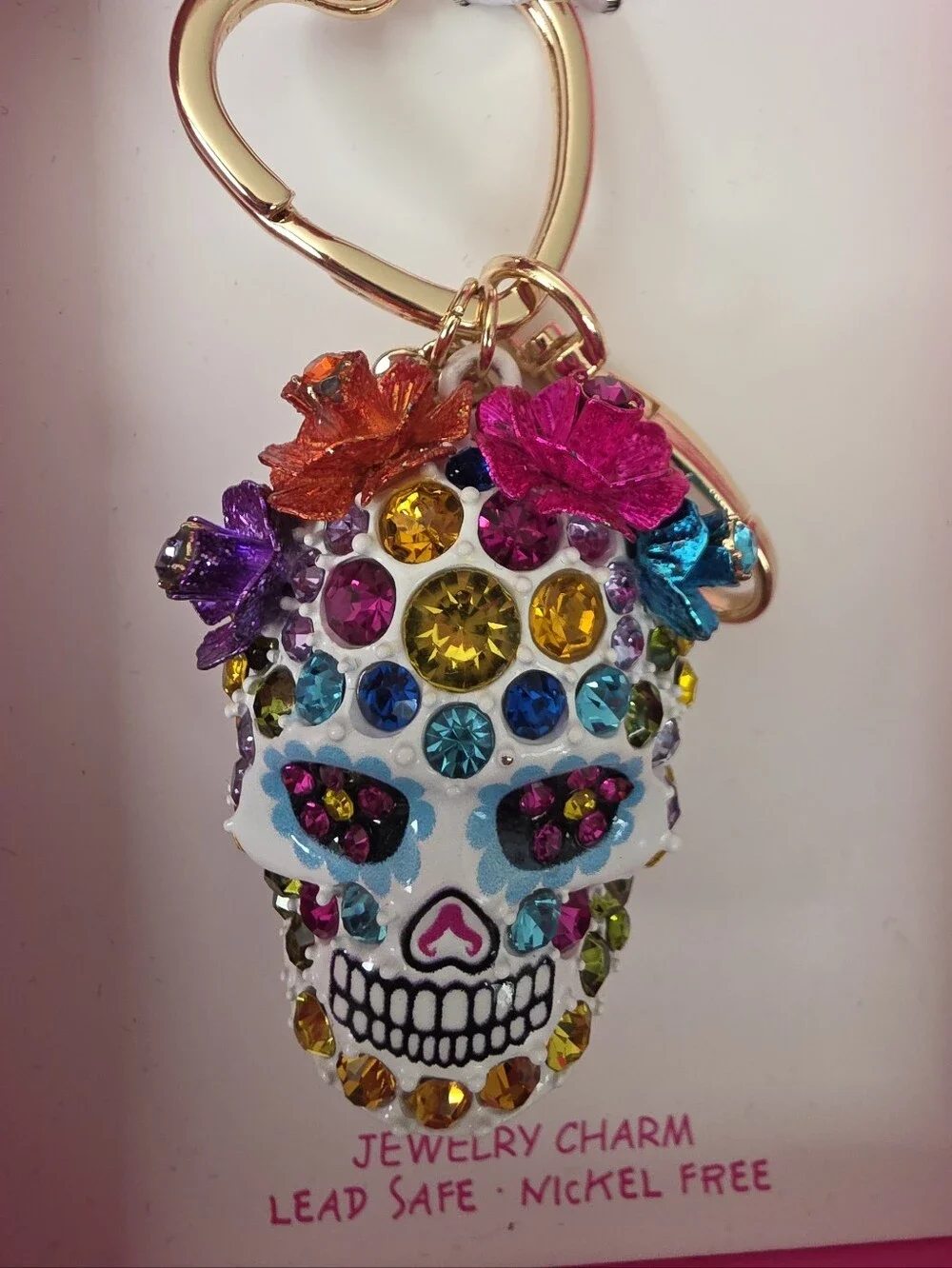 New Betsey Johnson Multicolor Crystal Sugar Skull Keychain